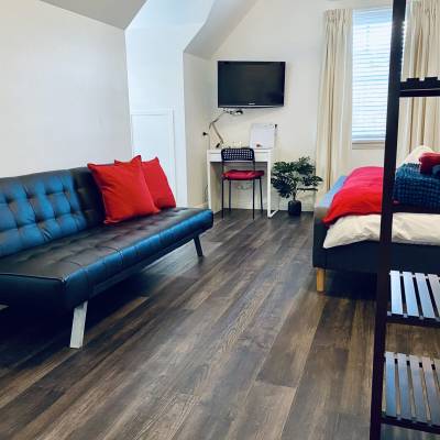 Loft room showing sofa bed and TV East Maitland Accommodation
